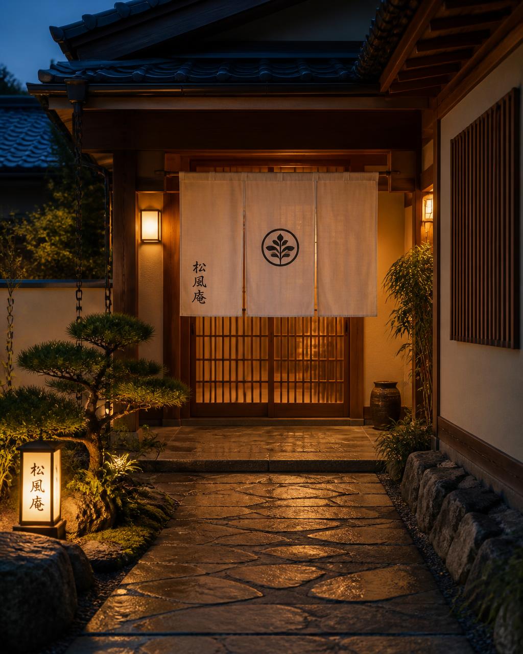 Ryokan entrance with noren curtain and stone path at dusk