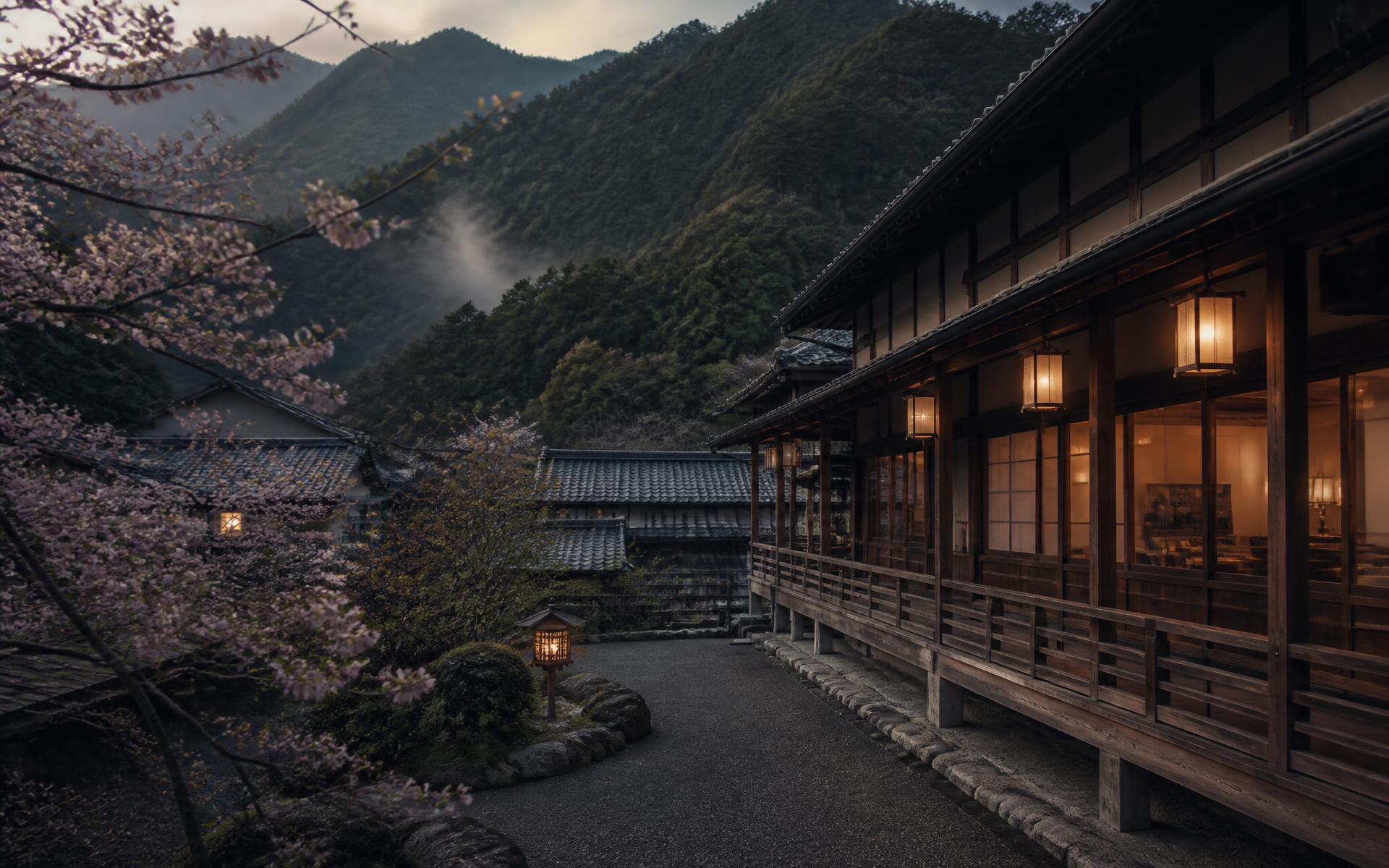Traditional Japanese ryokan at dusk with lantern light and misty mountains