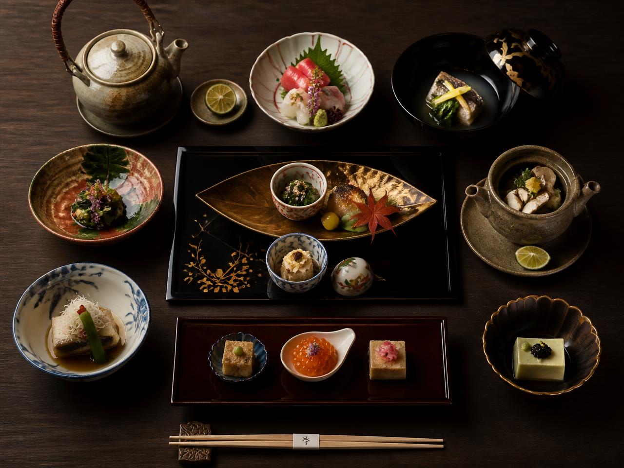Seasonal kaiseki course served on lacquer and ceramic dishes